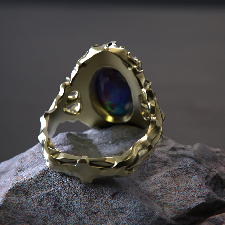 Black crystal opal ‘Pyro Arcanum’ design