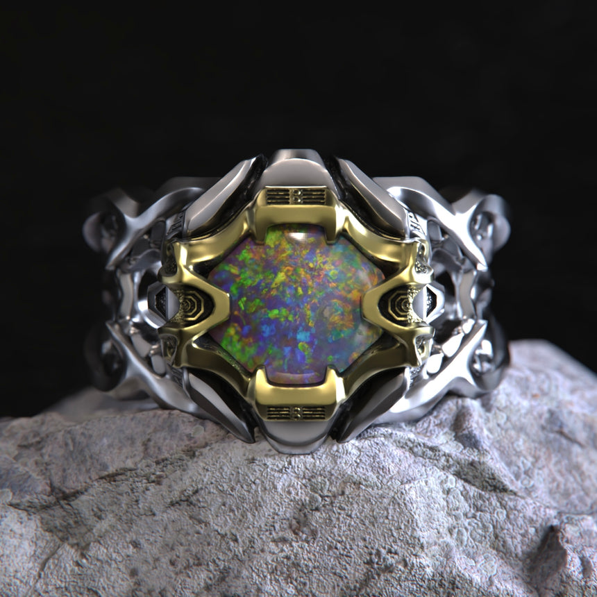 Crystal opal ‘Cyberpunk’ Earthset design
