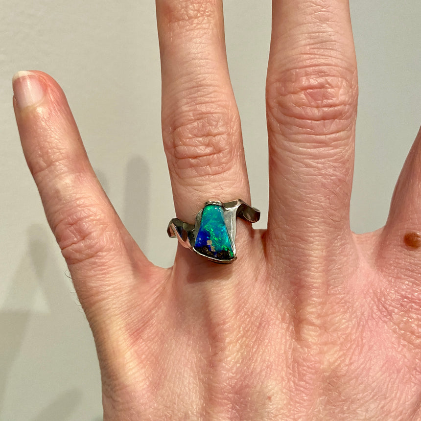 Boulder opal and silver ring