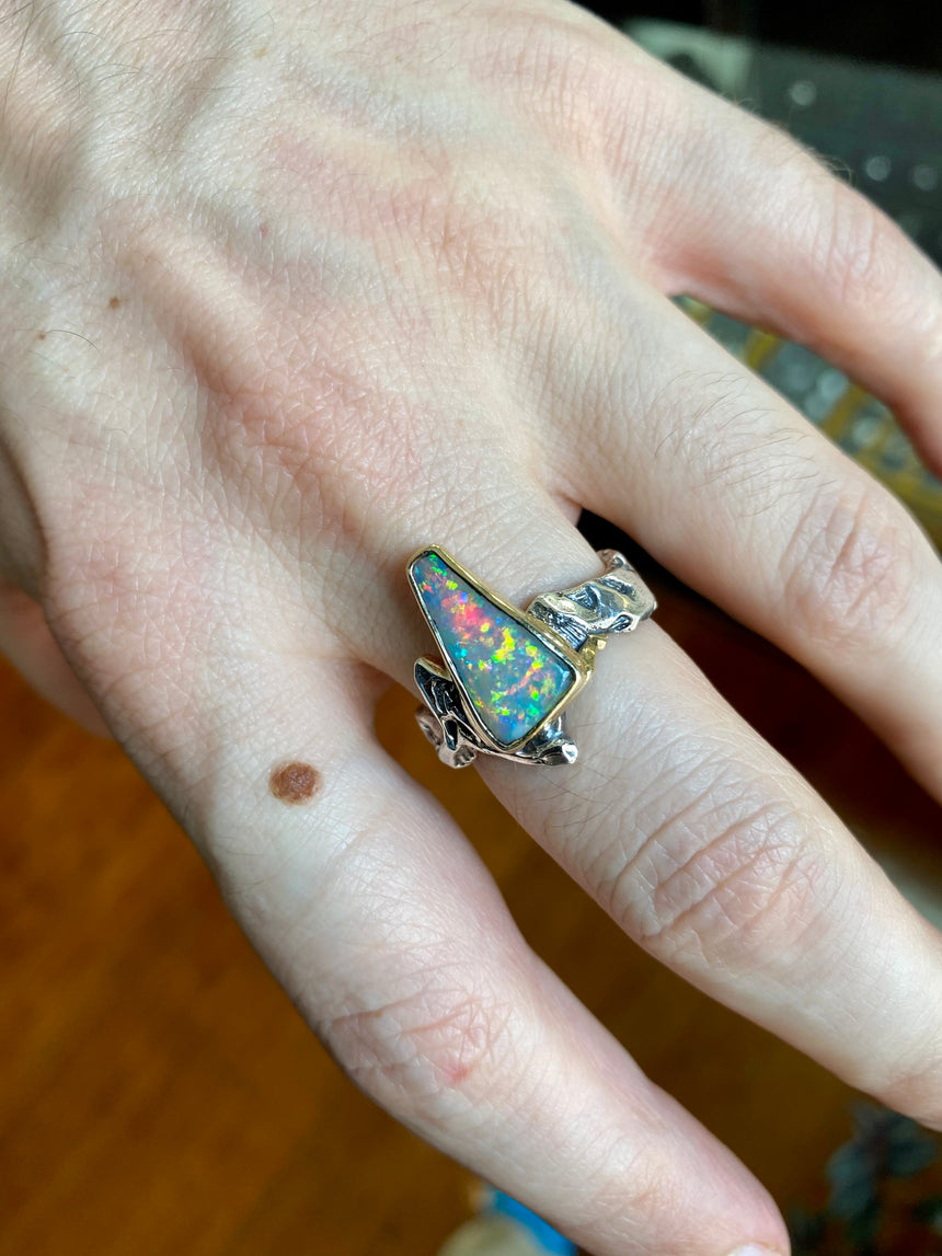 Opal, silver & gold ring